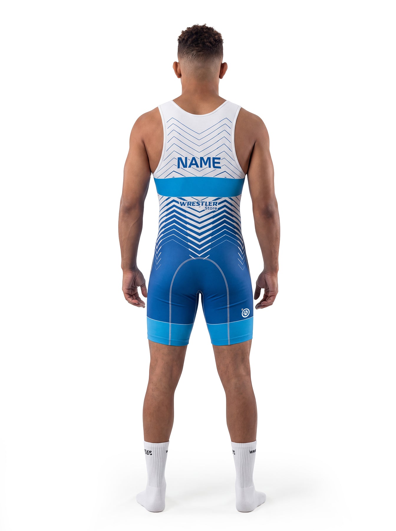 WrestlerStore Ascent Ringertrikot blau/weiß – Rückenansicht mit Namensfeld, Chevron‑Linien Design, Wettkampf Wrestling Singlet