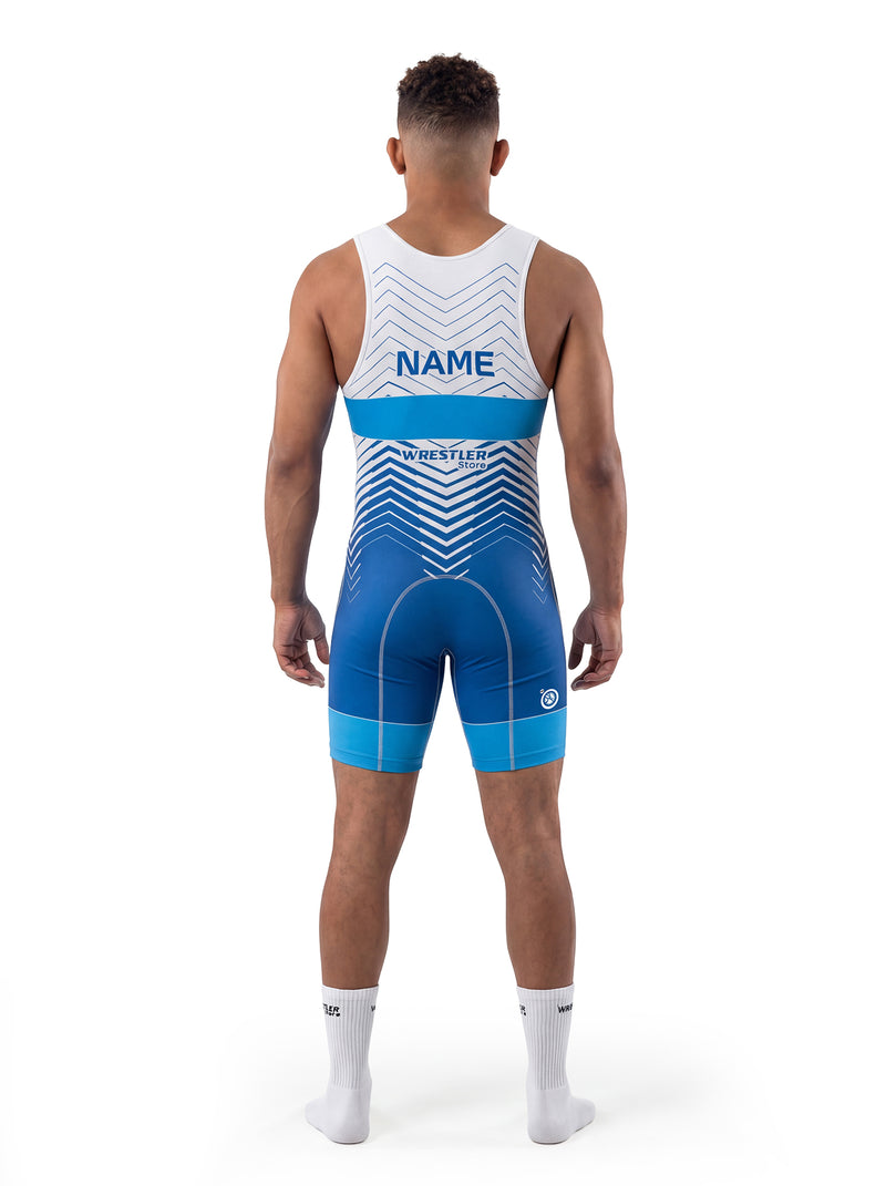 WrestlerStore Ascent Ringertrikot blau/weiß – Rückenansicht mit Namensfeld, Chevron‑Linien Design, Wettkampf Wrestling Singlet