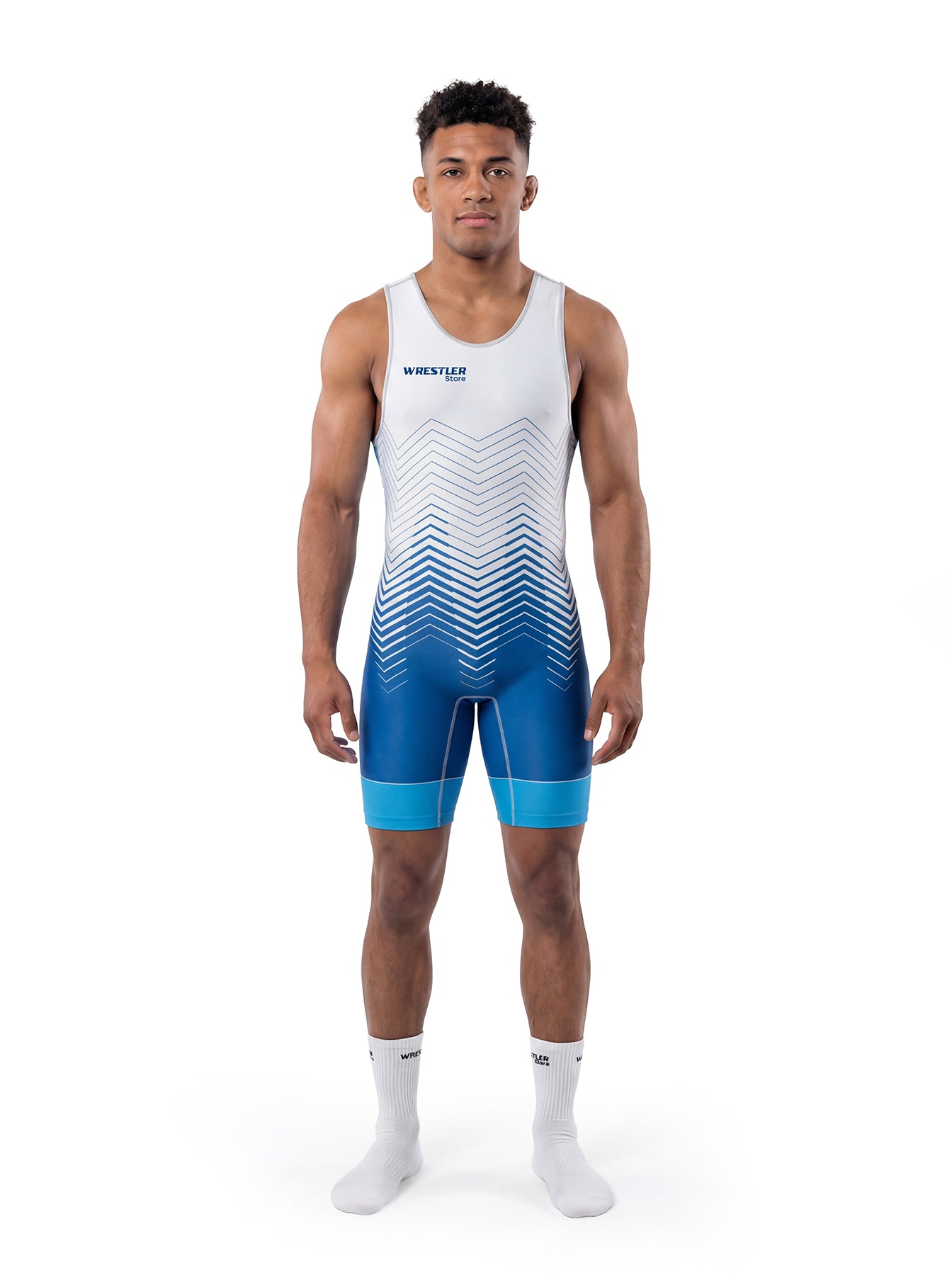 WrestlerStore Ascent Ringertrikot blau/weiß – Vorderansicht, Chevron‑Linien Design, eng anliegendes Wrestling Singlet