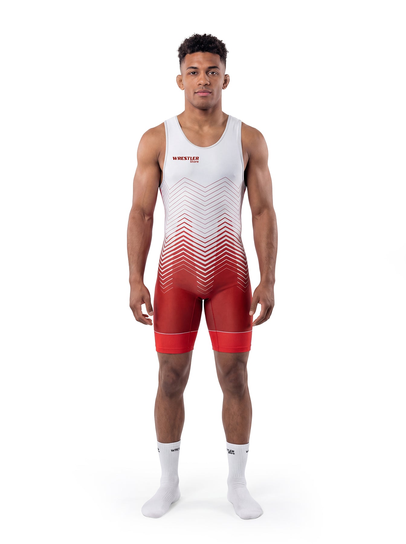 WrestlerStore Ascent Ringertrikot rot/weiß – Vorderansicht, Chevron‑Linien Design, eng anliegendes Wrestling Singlet