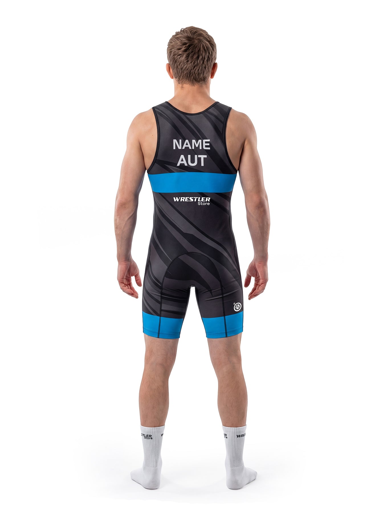 WrestlerStore Austria Ringertrikot schwarz/blau – Rückenansicht mit Namensfeld und Länderkürzel AUT, dynamisches Streifen‑Design