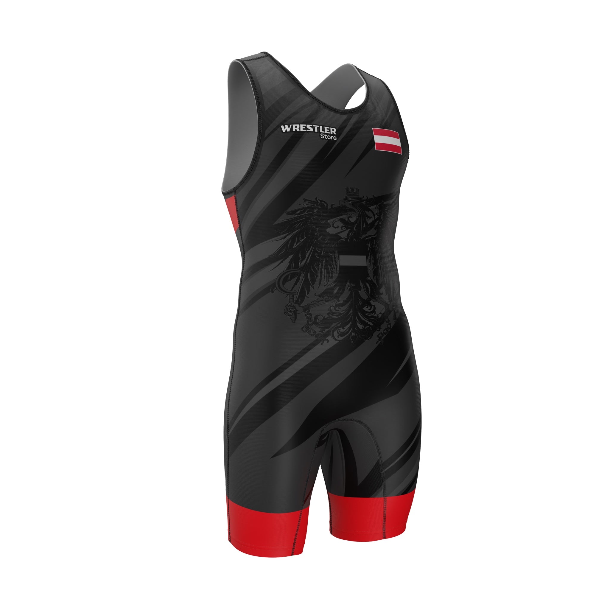WrestlerStore Ringertrikot Austria in Schwarz-Rot mit österreichischem Adler und Flagge auf der Brust.