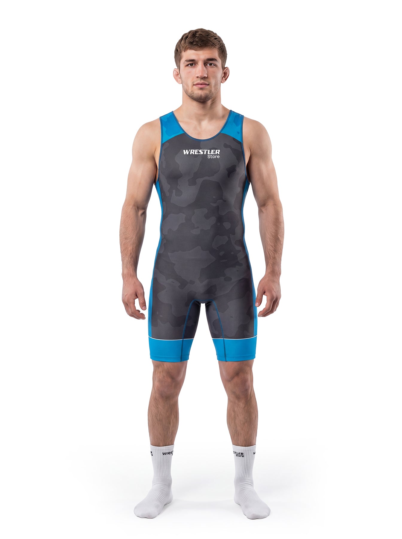 WrestlerStore Camo Ringertrikot dunkelgrau camo mit blauen Akzenten – Vorderansicht, modernes Camouflage‑Design, Wrestling Singlet