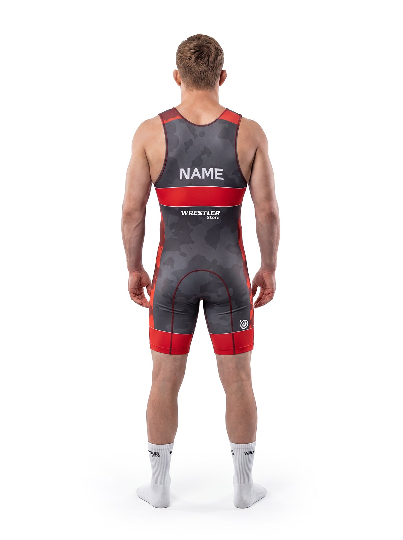 WrestlerStore Camo Ringertrikot dunkelgrau camo mit roten Akzenten – Rückenansicht mit Namensfeld, Wettkampf‑Singlet
