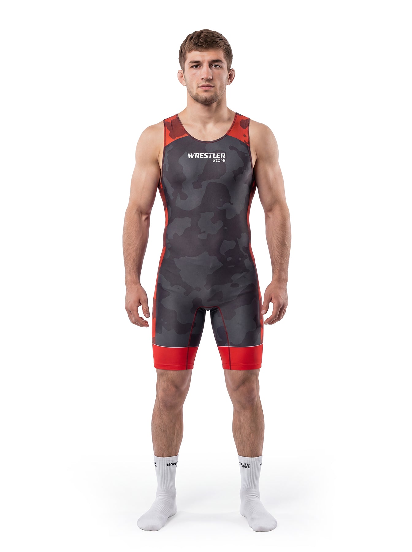 WrestlerStore Camo Ringertrikot dunkelgrau camo mit roten Akzenten – Vorderansicht, modernes Camouflage‑Design, Wrestling Singlet