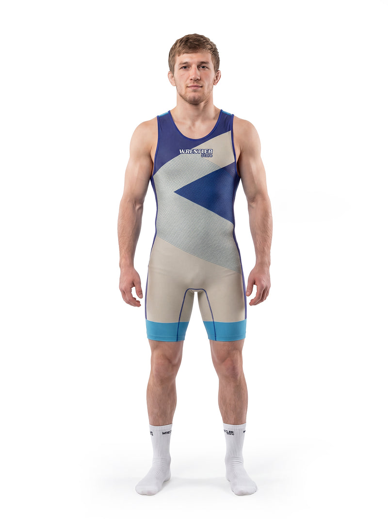 WrestlerStore Desert Herren Ringertrikot beige-blau mit Türkis – Vorderansicht, zweifarbiges Z-Design, Wettkampf-Wrestling-Singlet
