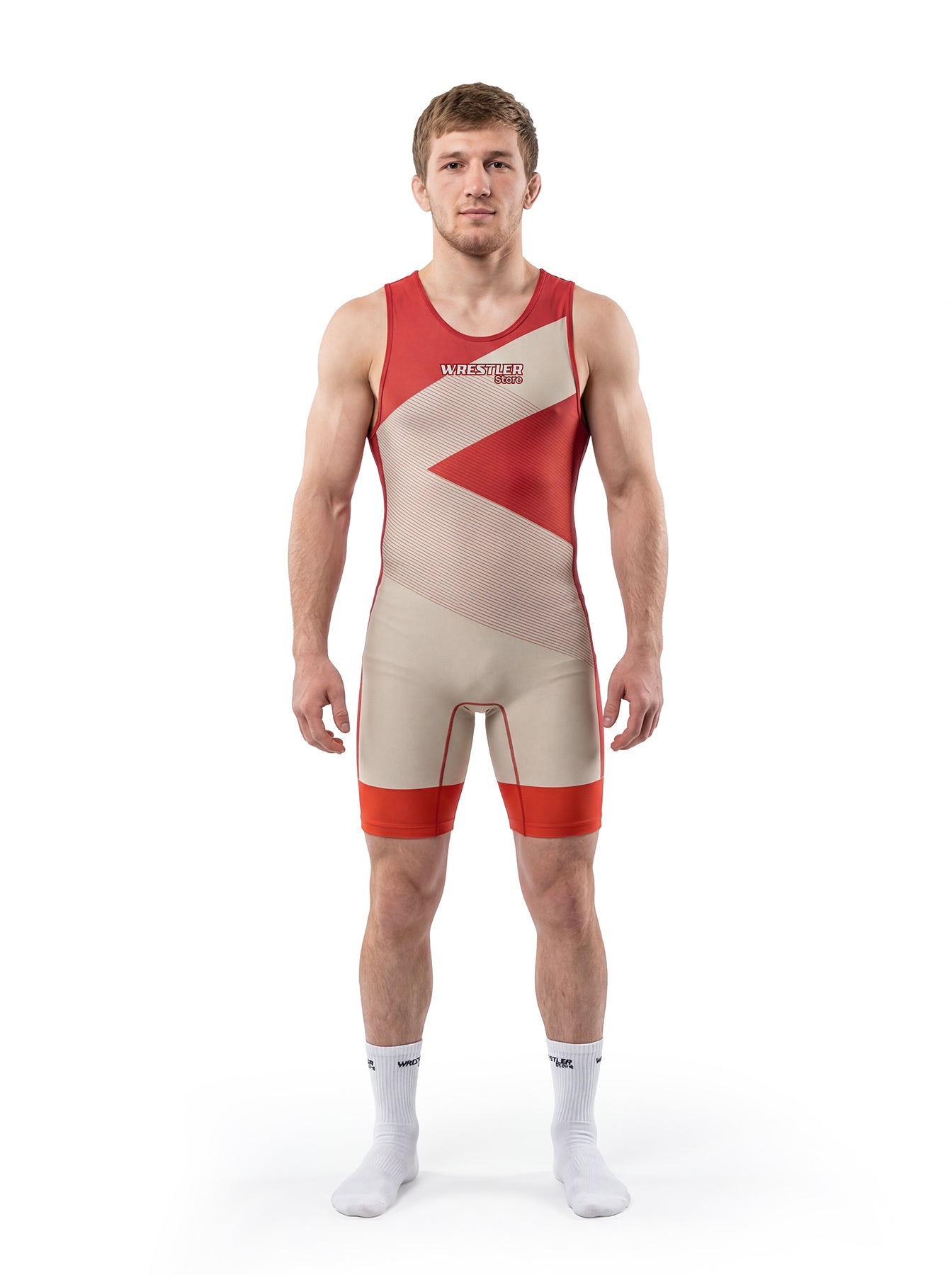 WrestlerStore Desert Herren Ringertrikot beige-rot mit orangenem Beinabschluss – Vorderansicht, zweifarbiges Z-Design, Wettkampf-Wrestling-Singlet