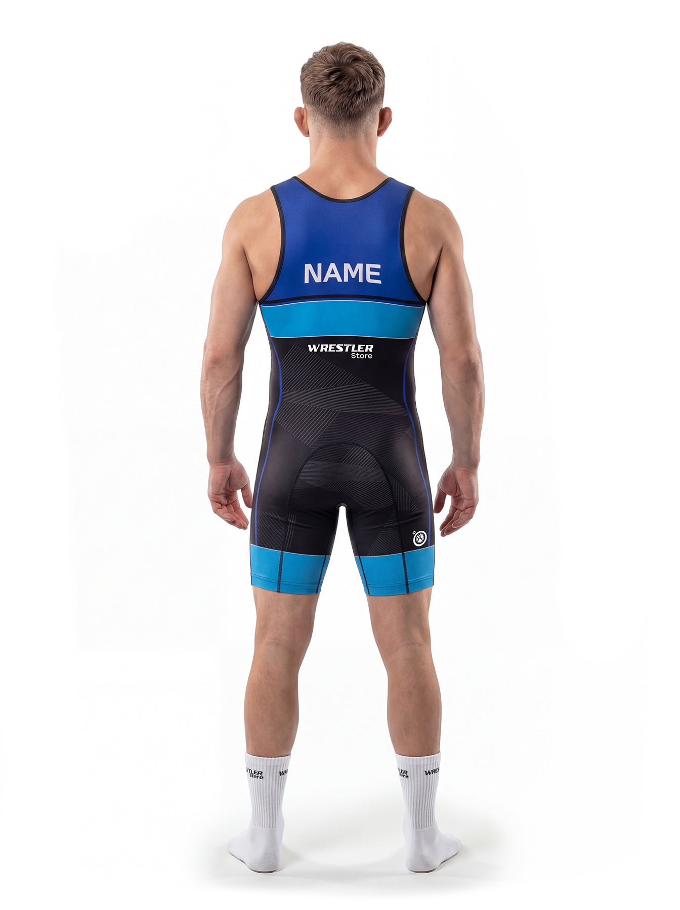 WrestlerStore Impact 2.0 Herren Ringertrikot blau-schwarz mit Türkis – Rückansicht mit Namensfeld, personalisierbar, modernes Linien-Design