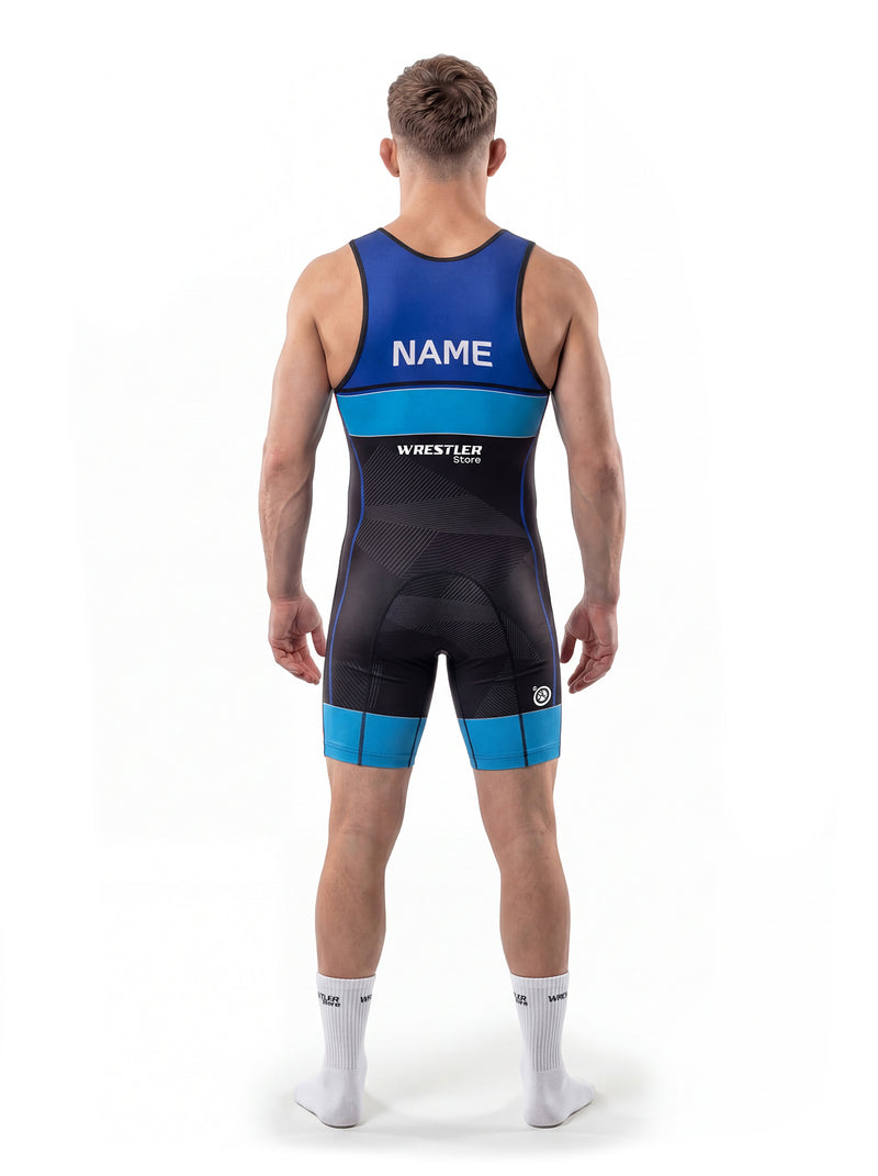 WrestlerStore Impact 2.0 Herren Ringertrikot blau-schwarz mit Türkis – Rückansicht mit Namensfeld, personalisierbar, modernes Linien-Design