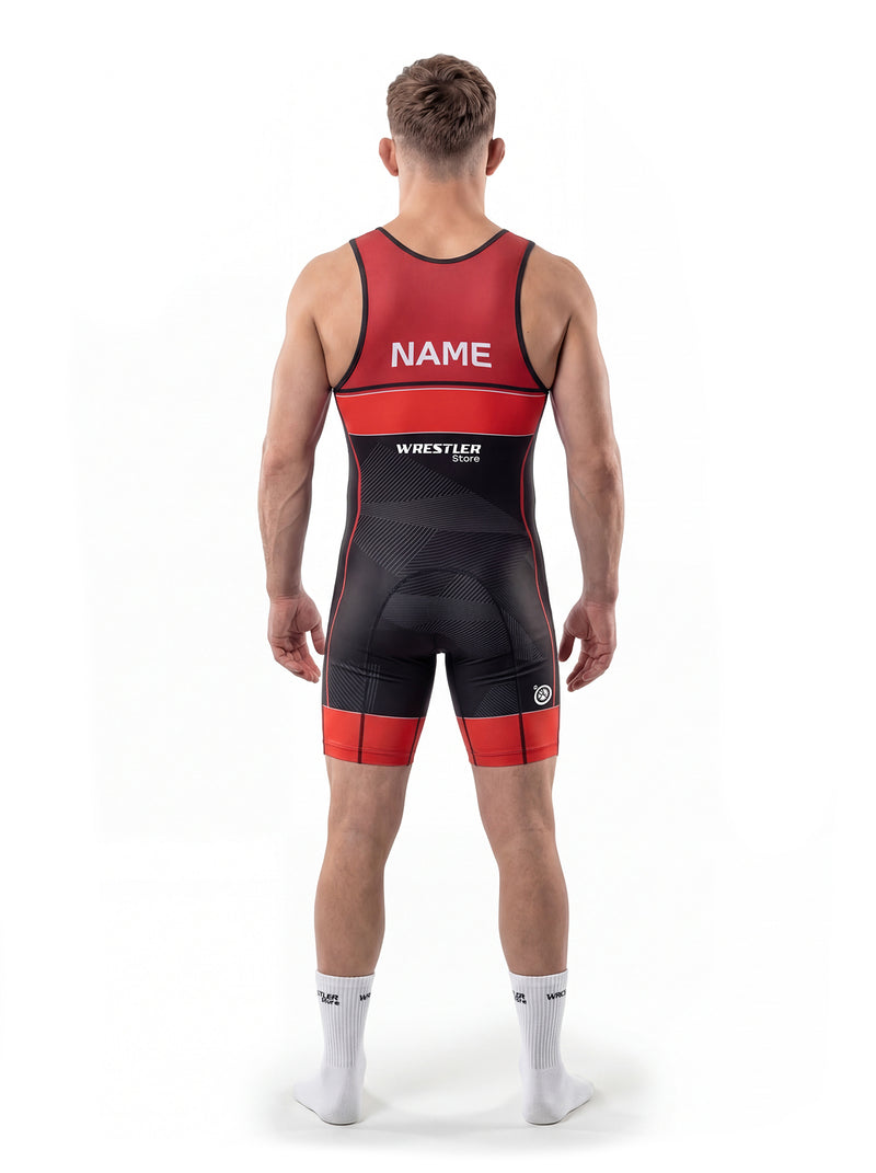 WrestlerStore Impact 2.0 Herren Ringertrikot rot-schwarz – Rückansicht mit Namensfeld, personalisierbar, modernes Linien-Design