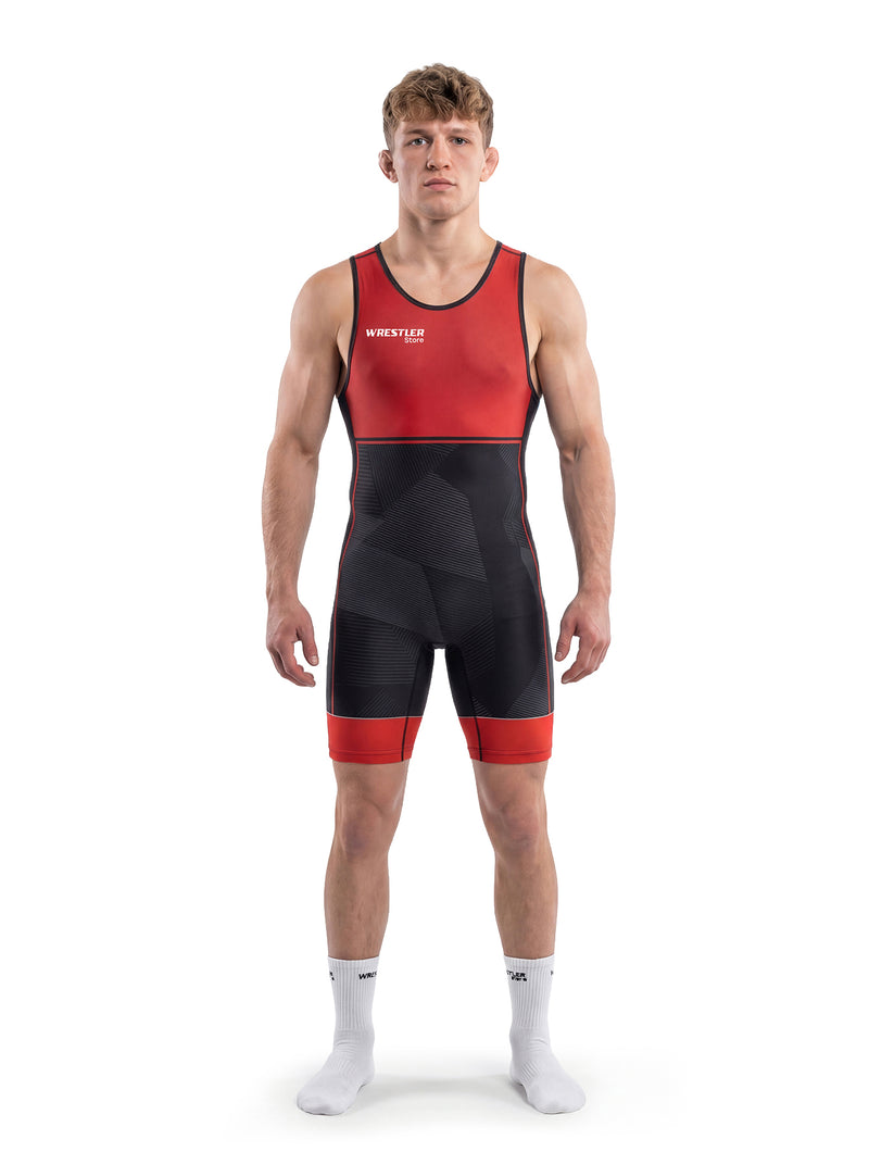 WrestlerStore Impact 2.0 Herren Ringertrikot rot-schwarz – Vorderansicht, modernes Linien-Design, Wettkampf-Wrestling-Singlet