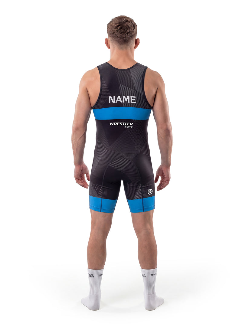 WrestlerStore Impact Black Herren Ringertrikot schwarz mit blauem Band – Rückansicht mit Namensfeld, personalisierbar, Chevron-Design