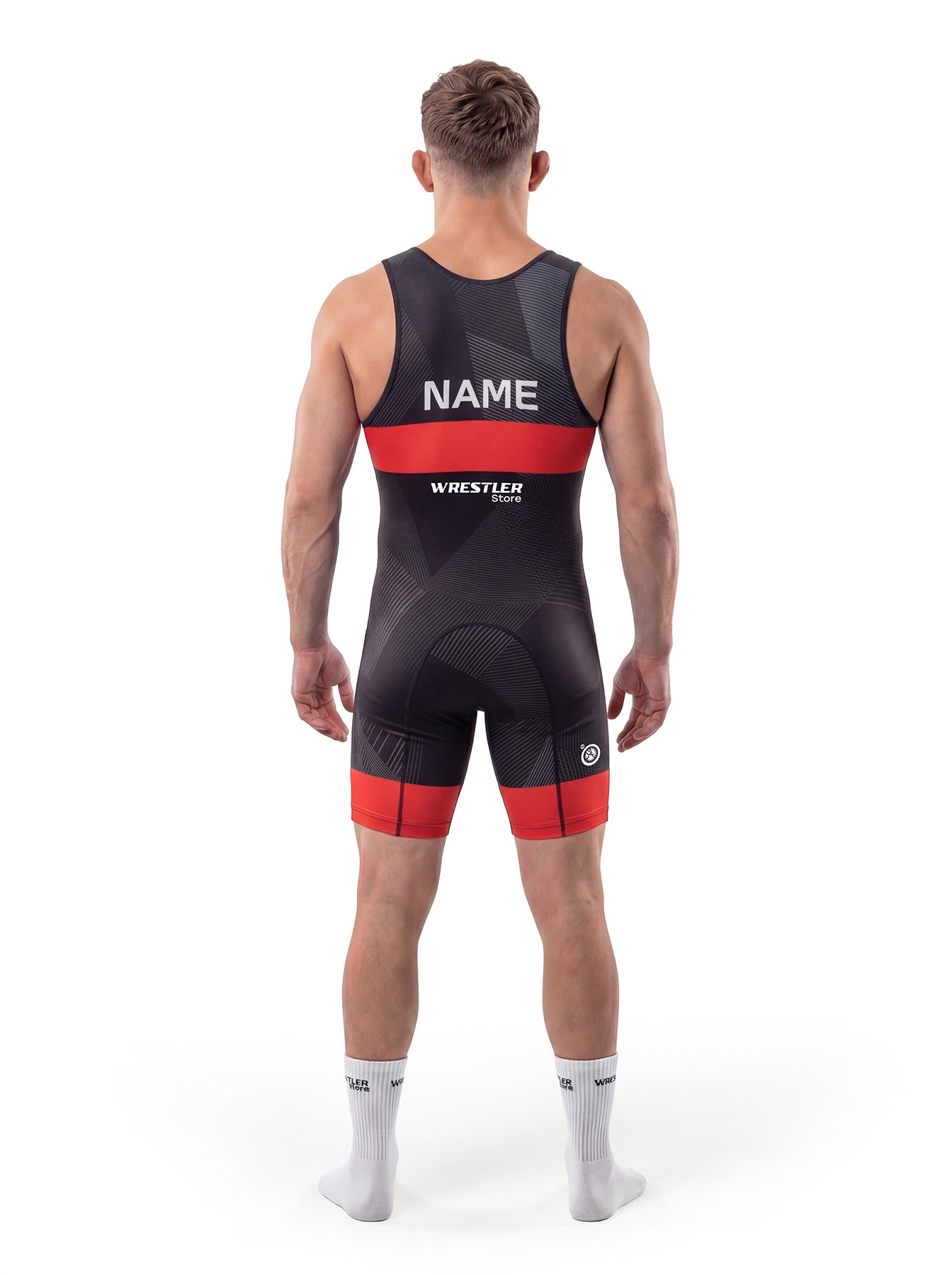 WrestlerStore Impact Black Herren Ringertrikot schwarz mit rotem Band – Rückansicht mit Namensfeld, personalisierbar, Chevron-Design