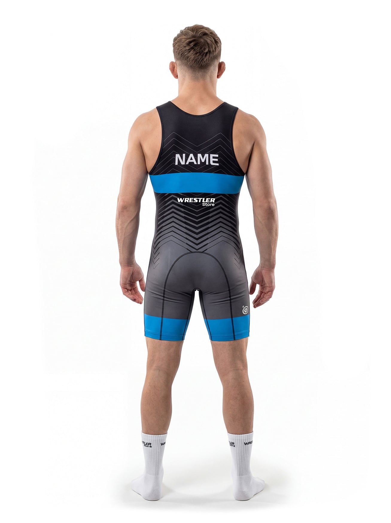 WrestlerStore Phantom Herren Ringertrikot schwarz-grau mit blauem Band – Rückansicht mit Namensfeld, personalisierbar, Chevron-Design