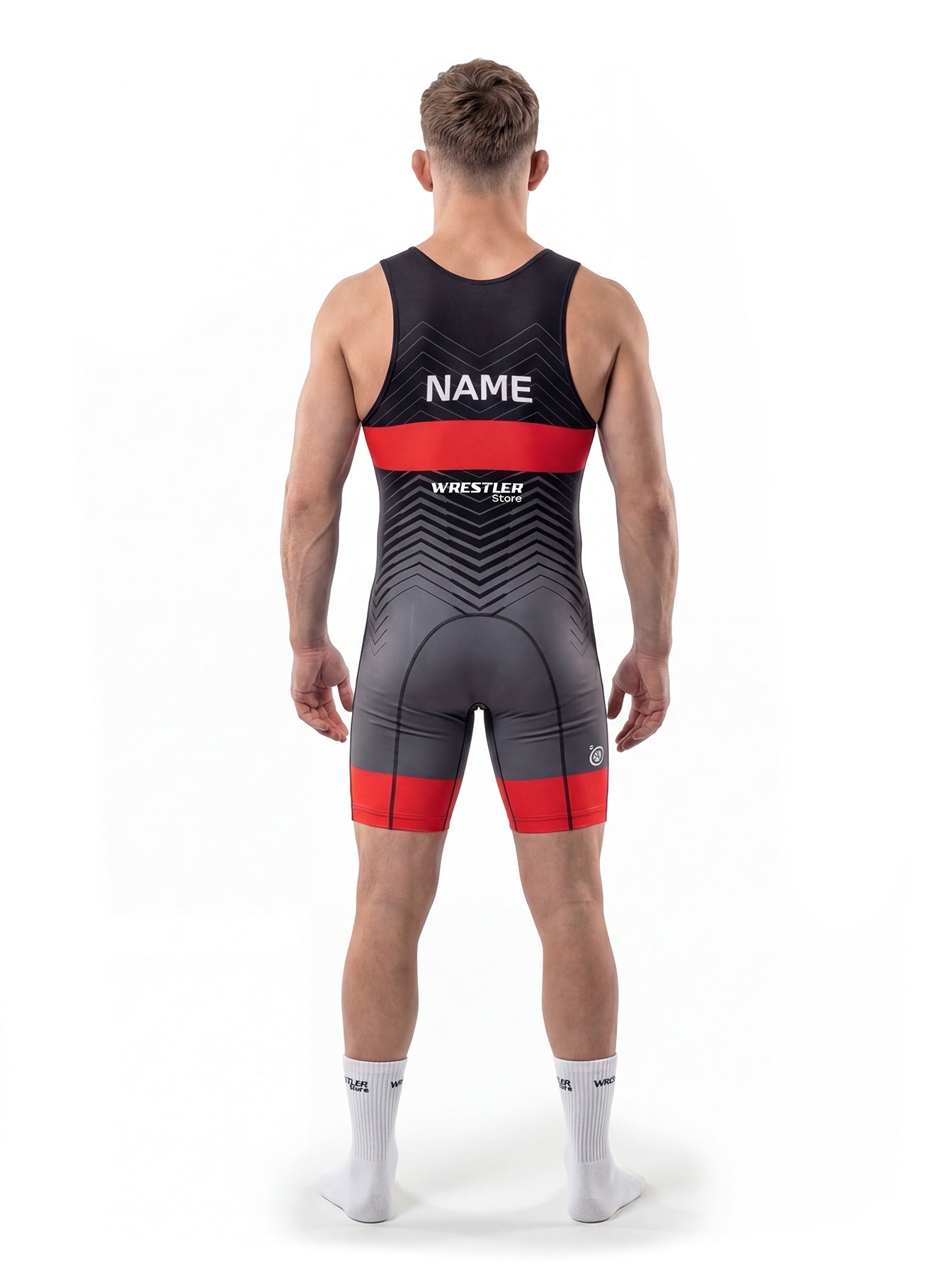 WrestlerStore Phantom Ringertrikot schwarz/grau mit roten Akzenten – Rückenansicht mit Namensfeld, Chevron‑Design, Wrestling Singlet