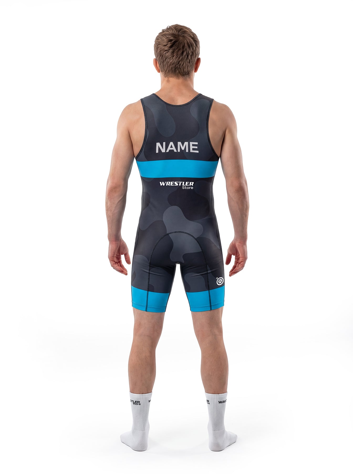WrestlerStore Shadow Obs Ringertrikot dunkelgrau camo mit blauem Band – Rückenansicht mit Namensfeld, Wrestling Singlet