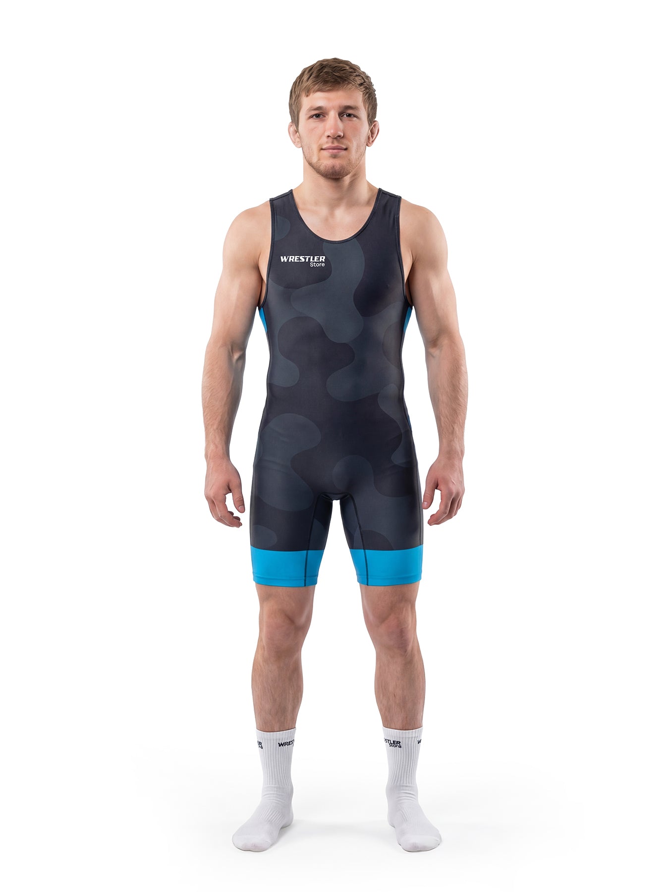 WrestlerStore Shadow Obs Ringertrikot dunkelgrau camo mit blauem Band – Vorderansicht, dezentes Camo‑Pattern, Ringertrikot