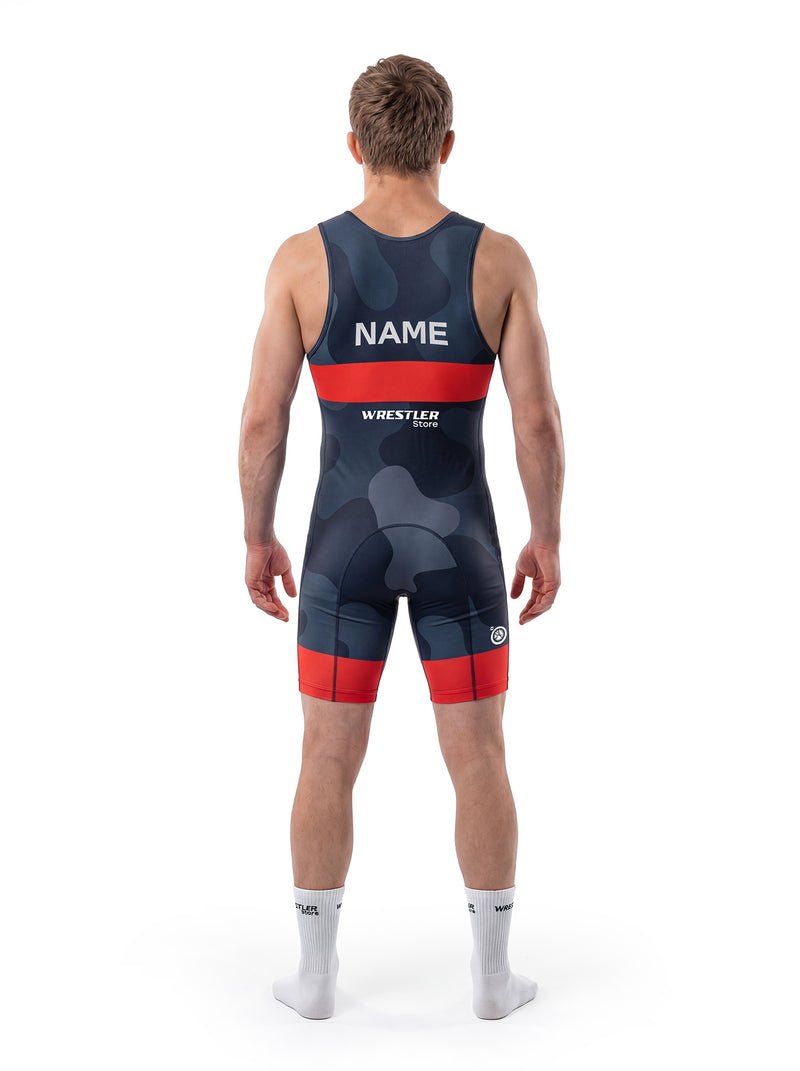 WrestlerStore Shadow Obs Ringertrikot dunkelblau camo mit rotem Band – Rückenansicht mit Namensfeld, Wrestling Singlet