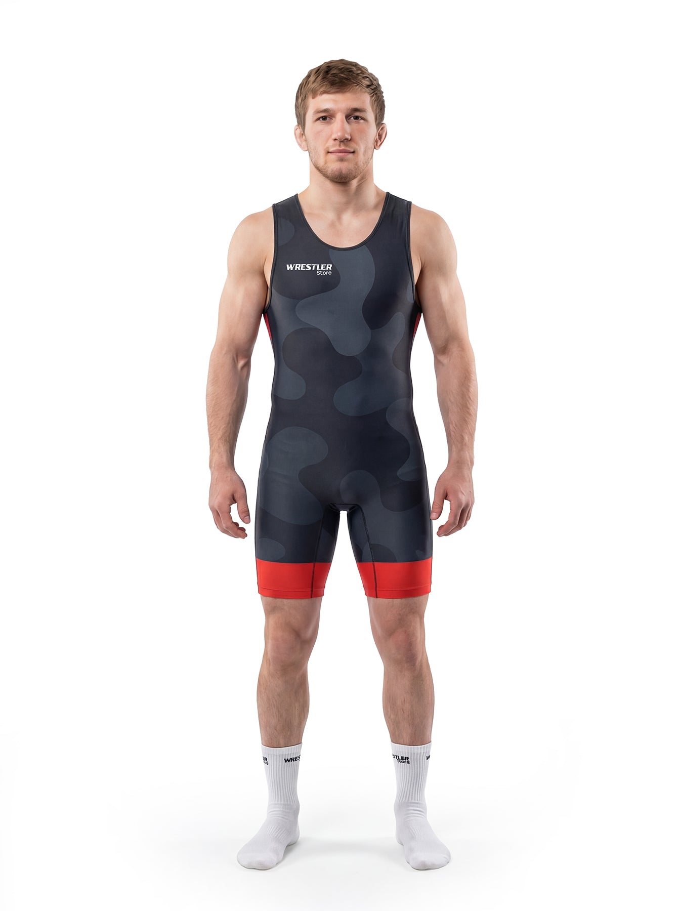 WrestlerStore Shadow Obs Ringertrikot dunkelblau camo mit rotem Band – Vorderansicht, dezentes Camo‑Pattern, Ringertrikot