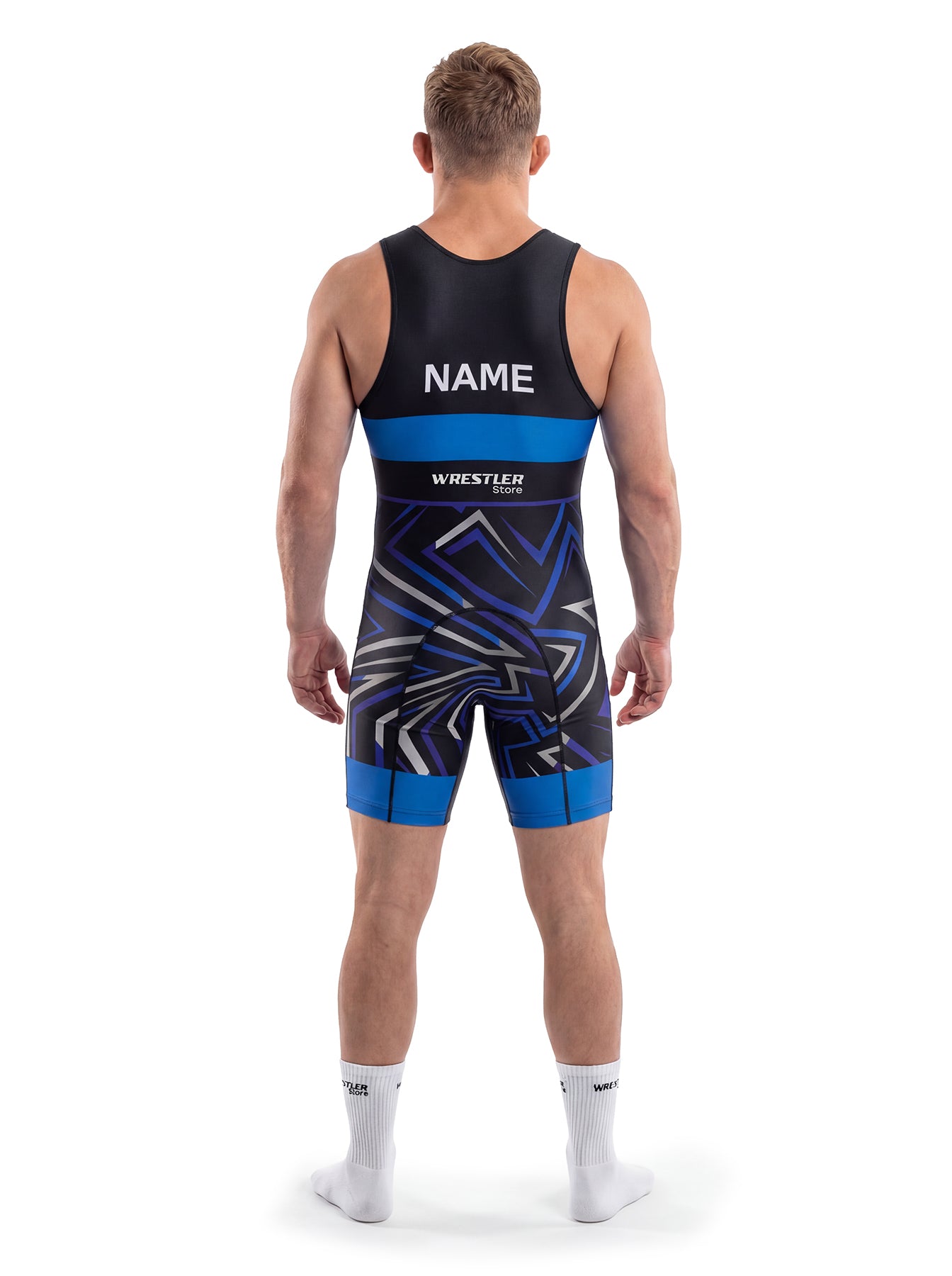WrestlerStore Shatter Herren Ringertrikot schwarz-blau – Rückansicht mit Namensfeld, personalisierbar, geometrisches Splitter-Muster