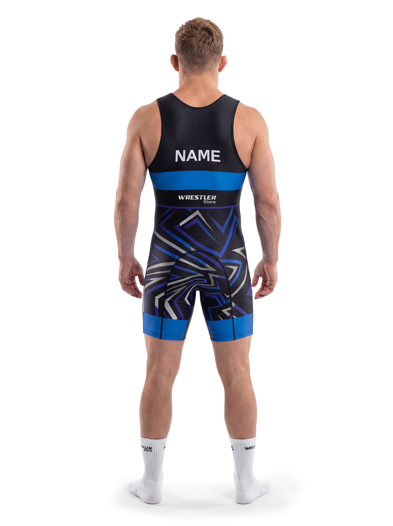 WrestlerStore Shatter Herren Ringertrikot schwarz-blau – Rückansicht mit Namensfeld, personalisierbar, geometrisches Splitter-Muster