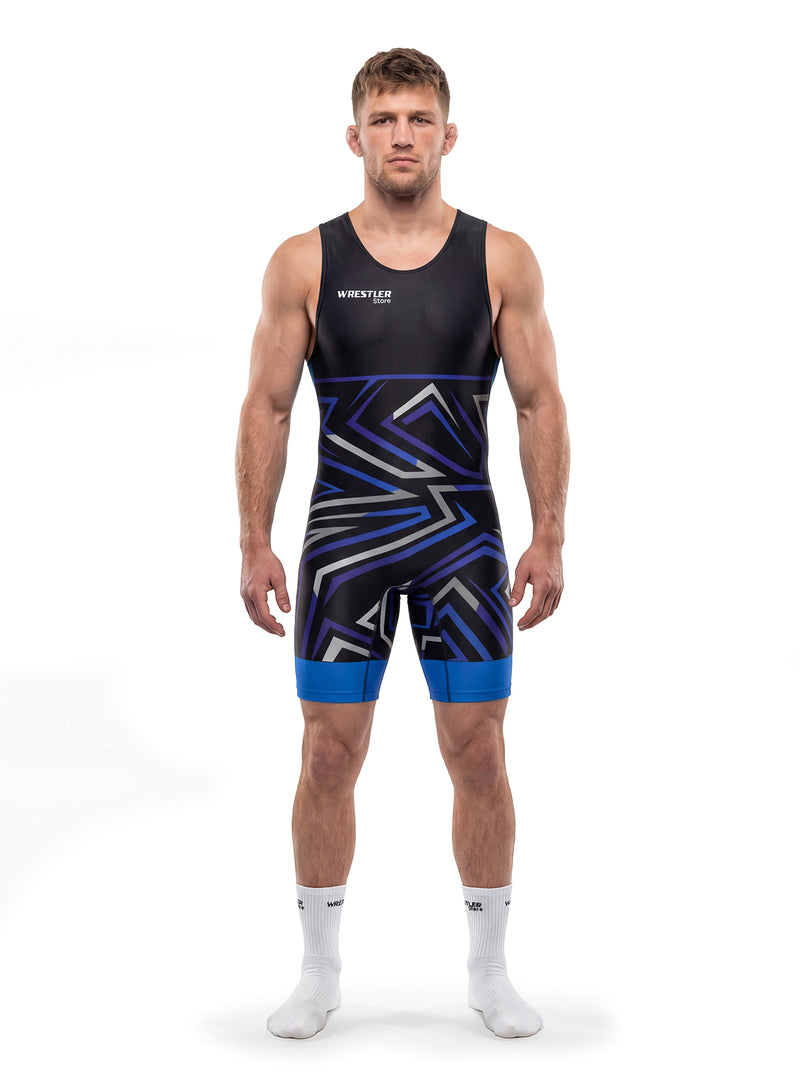 WrestlerStore Shatter Herren Ringertrikot schwarz-blau – Vorderansicht, geometrisches Splitter-Muster, Wettkampf-Wrestling-Singlet
