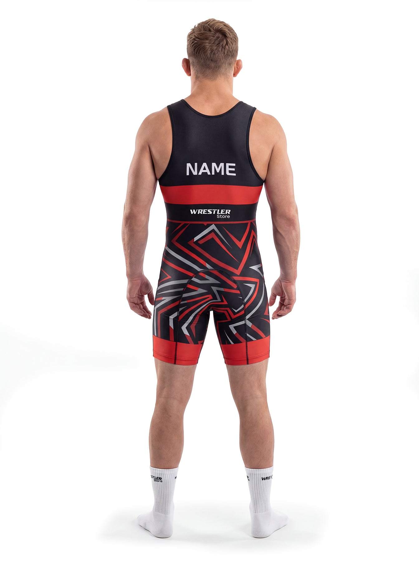 WrestlerStore Shatter Herren Ringertrikot schwarz-rot – Rückansicht mit Namensfeld, personalisierbar, geometrisches Splitter-Muster