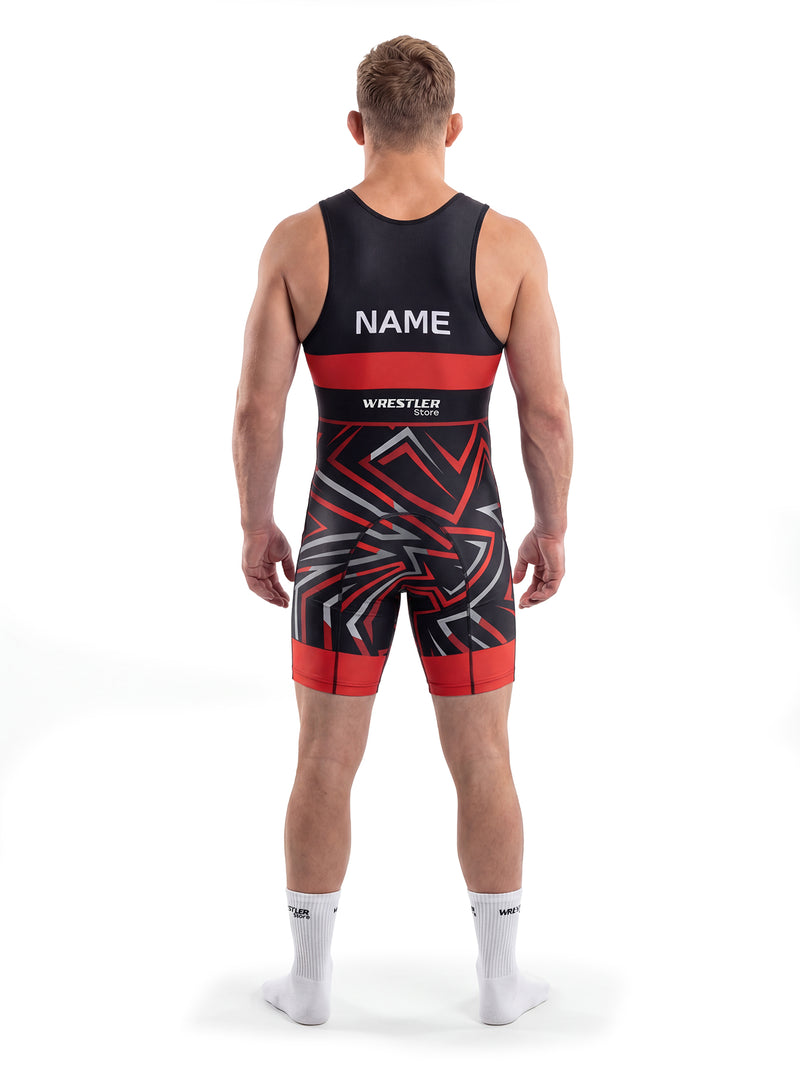 WrestlerStore Shatter Herren Ringertrikot schwarz-rot – Rückansicht mit Namensfeld, personalisierbar, geometrisches Splitter-Muster