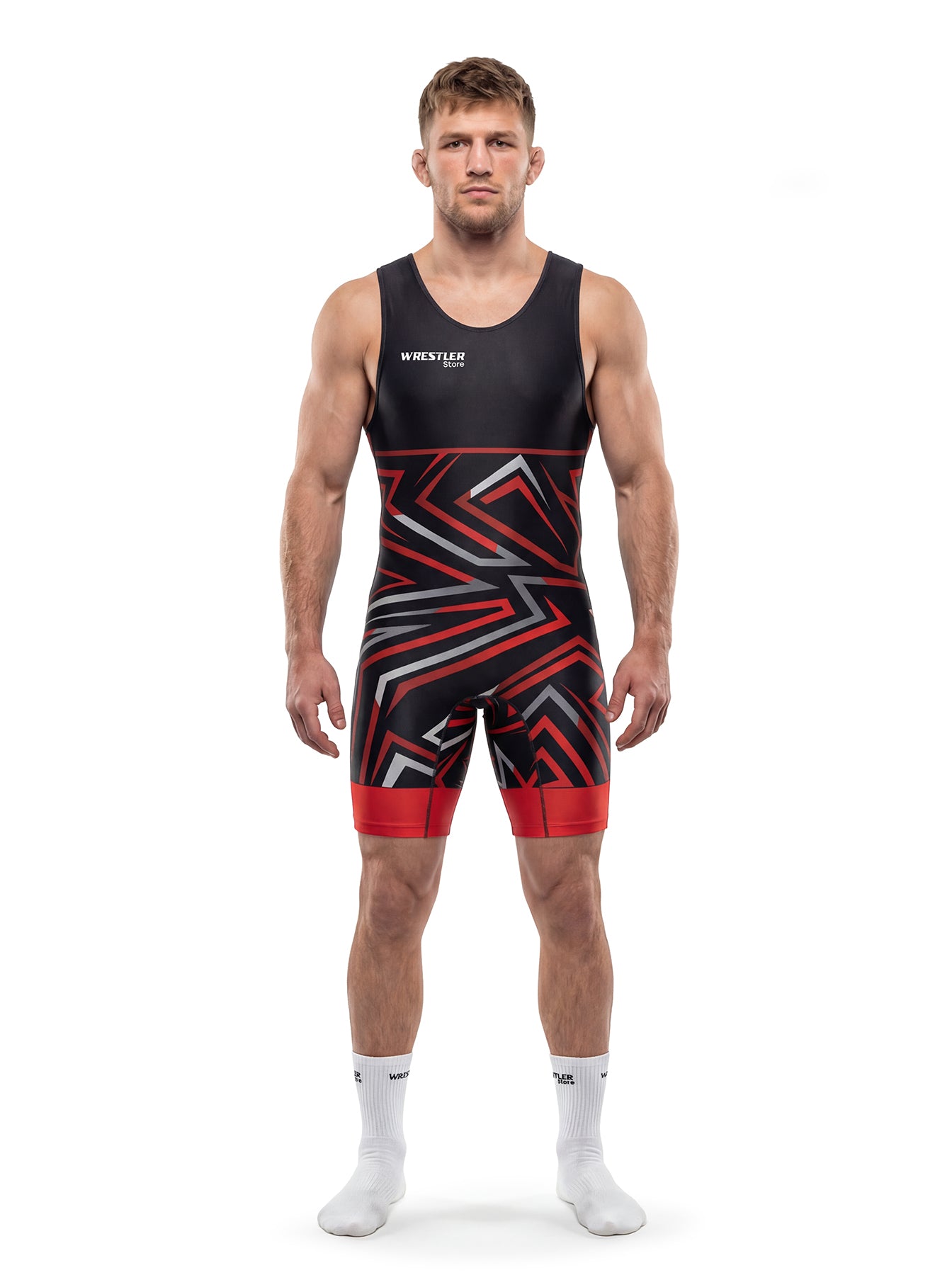 WrestlerStore Shatter Herren Ringertrikot schwarz-rot – Vorderansicht, geometrisches Splitter-Muster, Wettkampf-Wrestling-Singlet