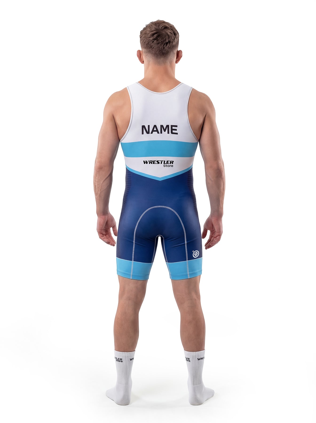 WrestlerStore Strike Ringertrikot blau/weiß – Rückenansicht mit Namensfeld, minimalistisches Team‑Design, Wrestling Singlet
