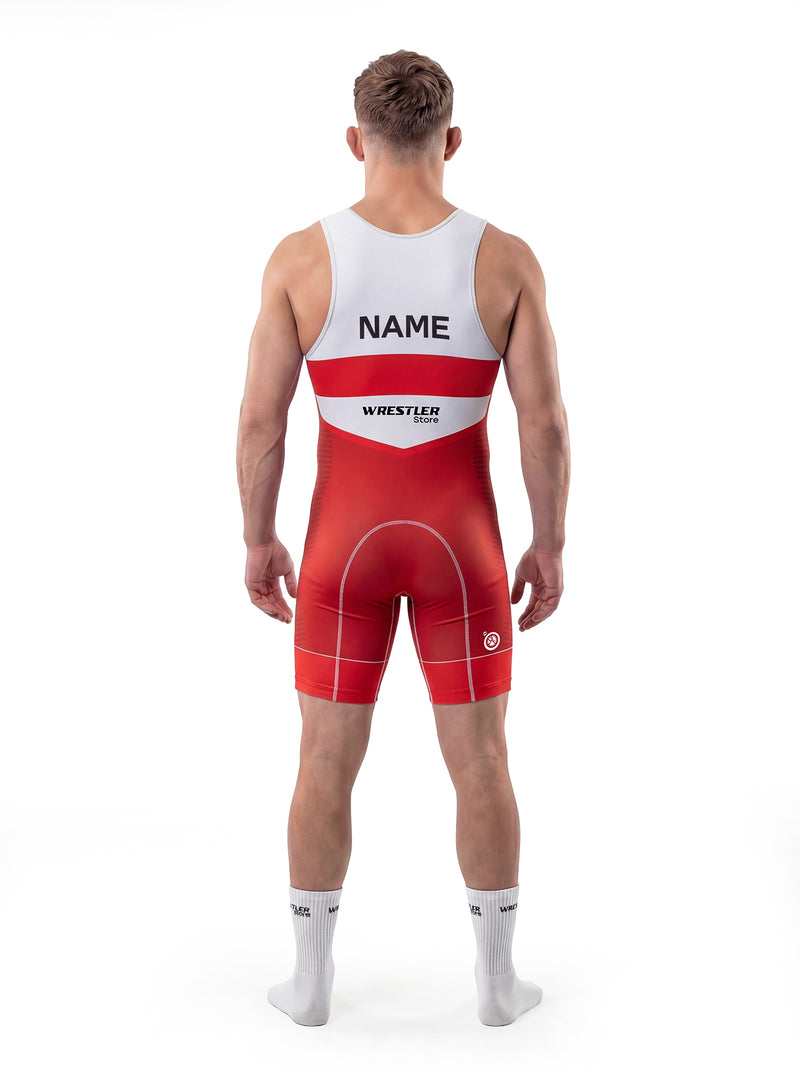WrestlerStore Strike Ringertrikot rot/weiß – Rückenansicht mit Namensfeld, minimalistisches Team‑Design, Wrestling Singlet