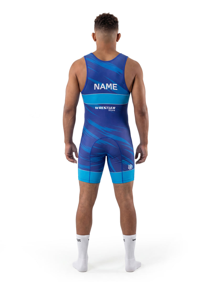 WrestlerStore Tiger Ringertrikot grau/weiß mit blauen Beinabschlüssen – Rückenansicht mit Namensfeld, V‑Linien Design