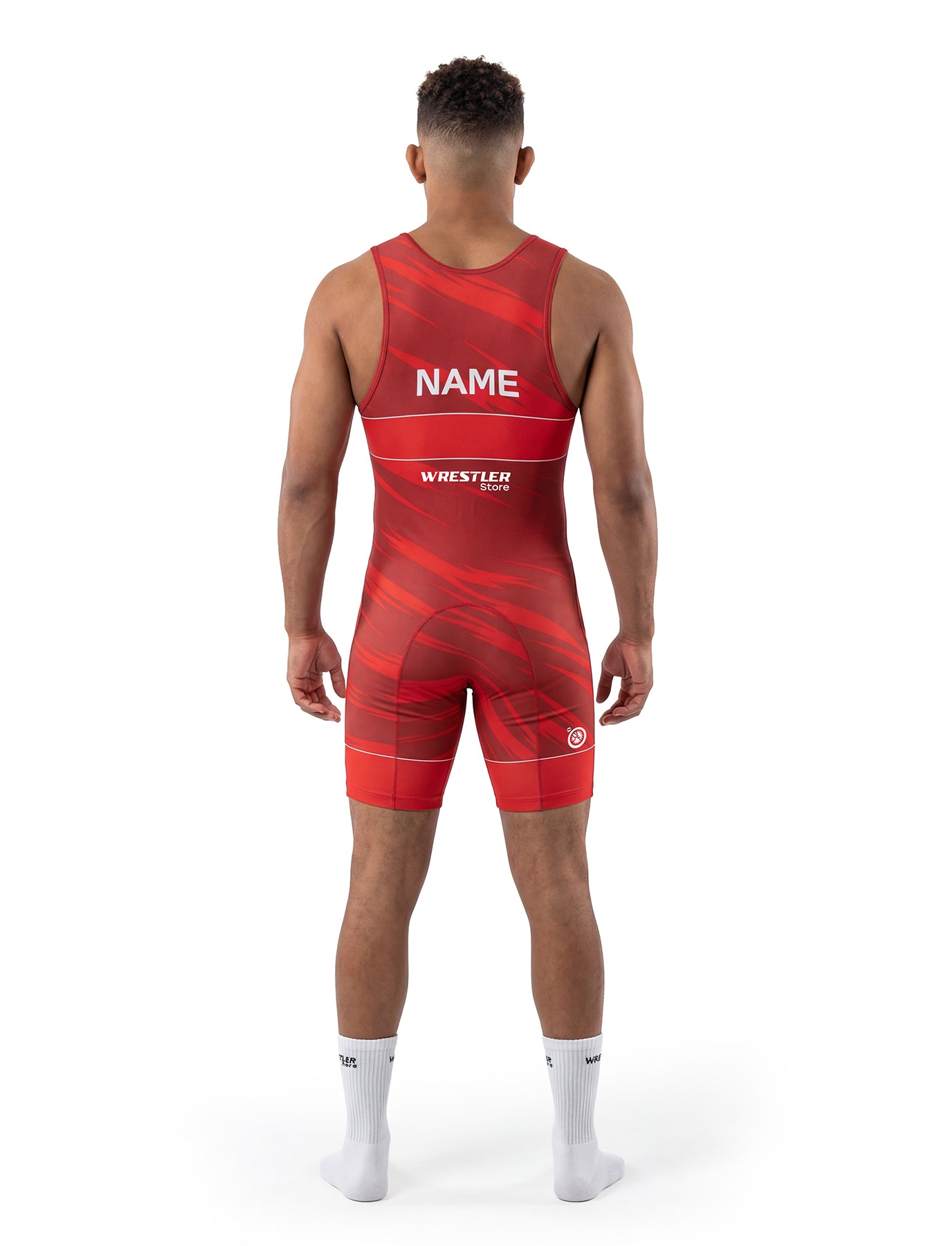 WrestlerStore Tiger Ringertrikot grau/weiß mit roten Beinabschlüssen – Rückenansicht mit Namensfeld, V‑Linien Design