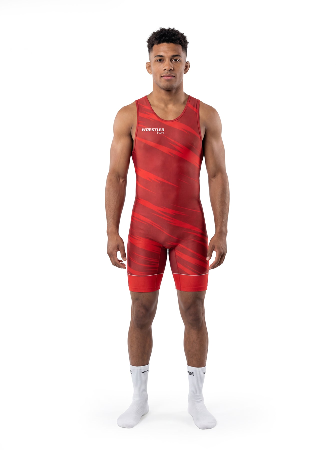 WrestlerStore Tiger Ringertrikot grau/weiß mit roten Beinabschlüssen – Vorderansicht, V‑Linien Design, Wrestling Singlet