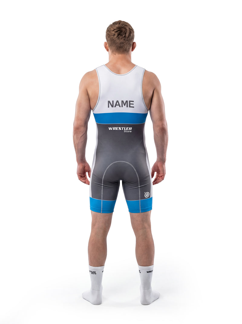 WrestlerStore Trix Ringertrikot blau – Rückenansicht mit Namensfeld, dynamisches Streak‑Design, Wettkampf Wrestling Singlet
