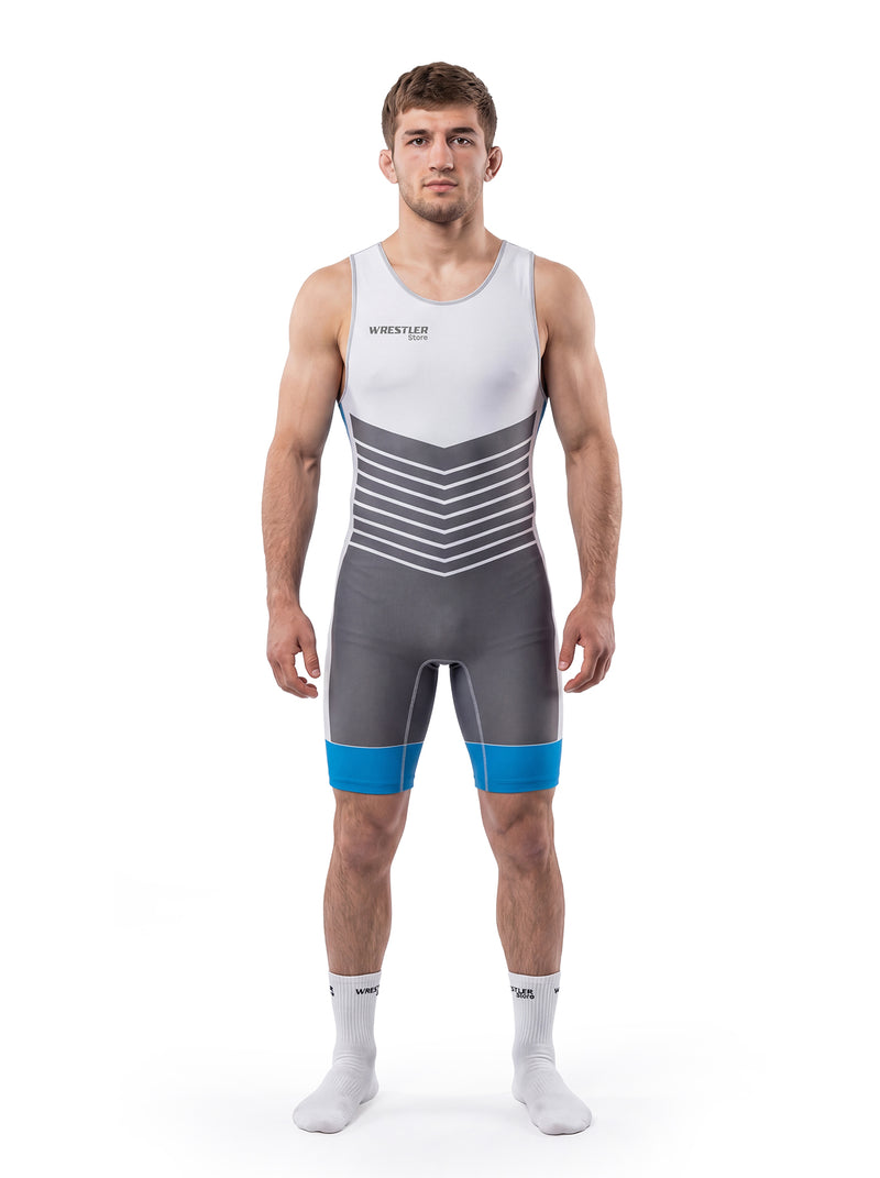 WrestlerStore Trix Ringertrikot blau – Vorderansicht, dynamisches Streak‑Design, eng anliegendes Ringertrikot