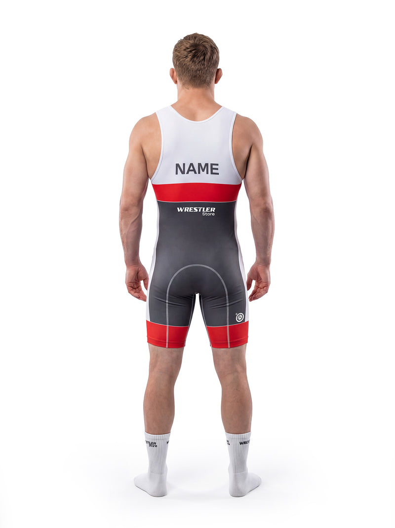 WrestlerStore Trix Ringertrikot rot – Rückenansicht mit Namensfeld, dynamisches Streak‑Design, Wettkampf Wrestling Singlet