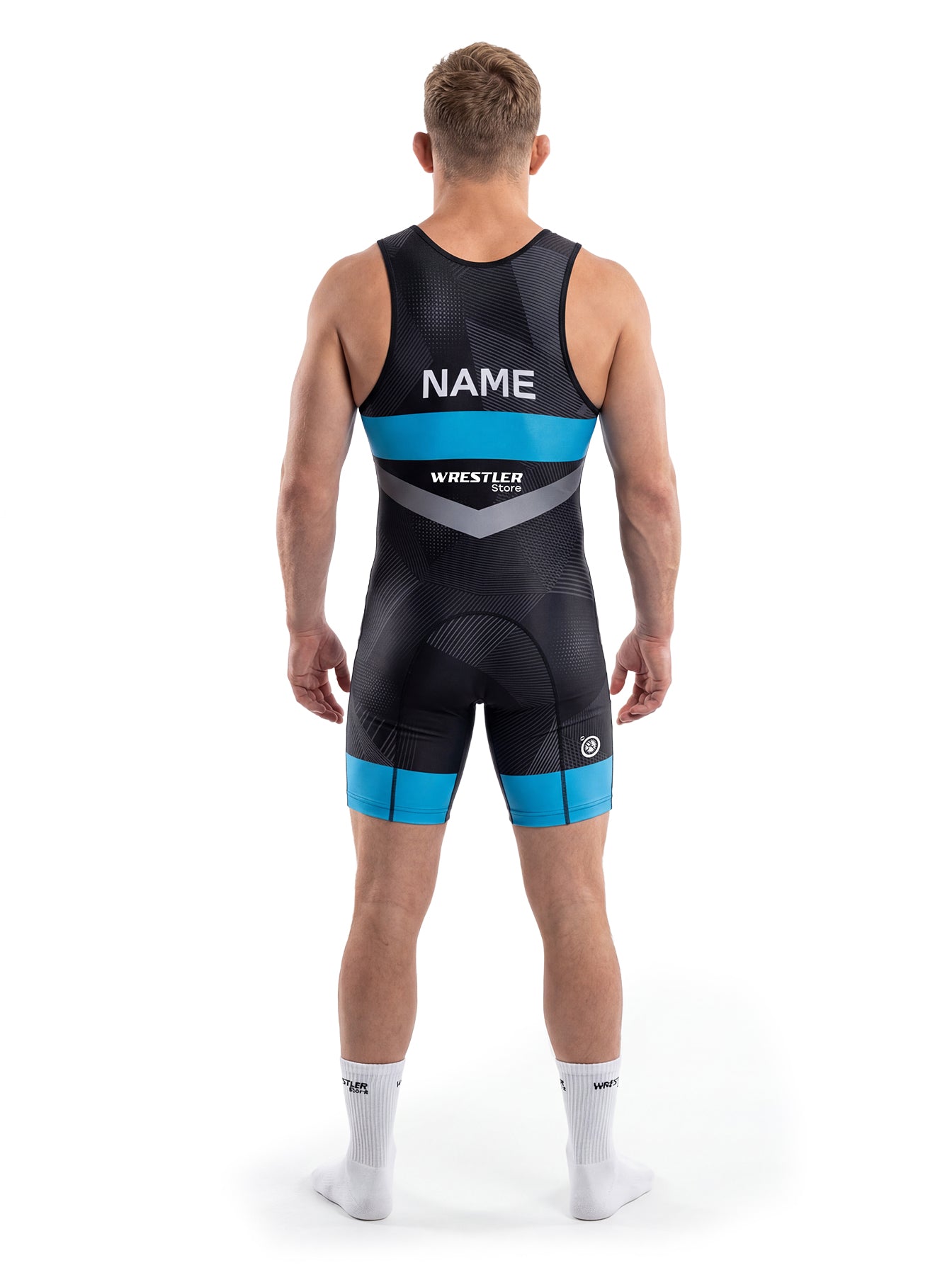 WrestlerStore UWW Herren Ringertrikot schwarz-blau – Rückansicht mit Namensfeld, personalisierbar, dynamisches Wellenmuster-Design