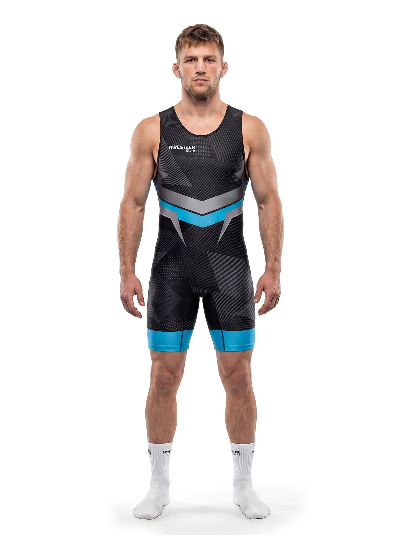 WrestlerStore UWW Herren Ringertrikot schwarz-blau – Vorderansicht, dynamisches Wellenmuster-Design, Wettkampf-Wrestling-Singlet