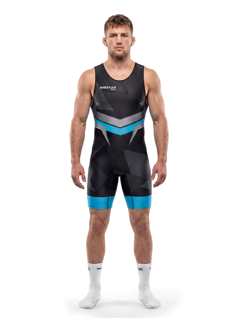 WrestlerStore UWW Herren Ringertrikot schwarz-blau – Vorderansicht, dynamisches Wellenmuster-Design, Wettkampf-Wrestling-Singlet