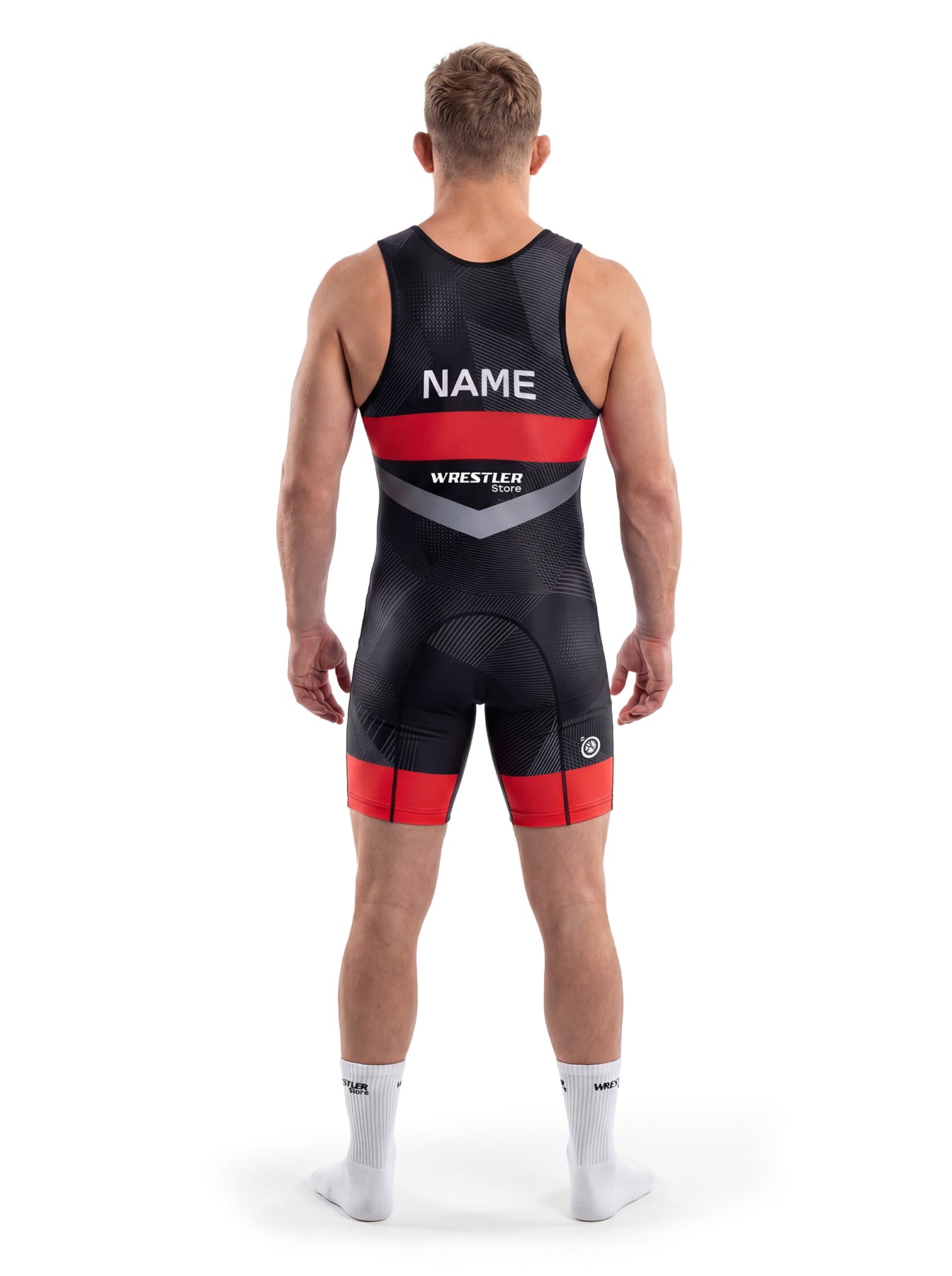 WrestlerStore UWW Herren Ringertrikot schwarz-rot – Rückansicht mit Namensfeld, personalisierbar, dynamisches Wellenmuster-Design