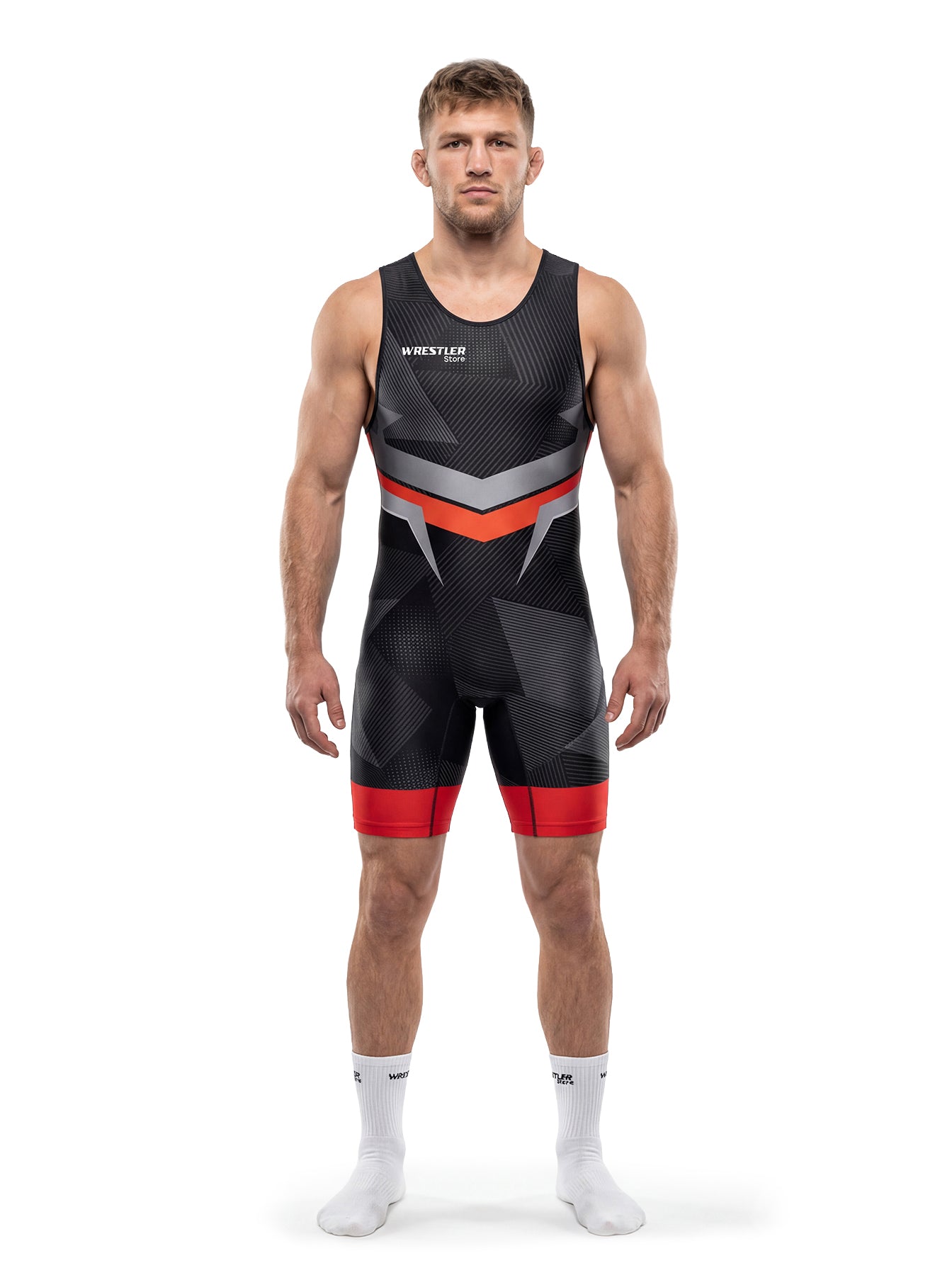 WrestlerStore UWW Herren Ringertrikot schwarz-rot – Vorderansicht, dynamisches Wellenmuster-Design, Wettkampf-Wrestling-Singlet