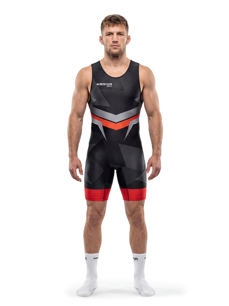WrestlerStore UWW Herren Ringertrikot schwarz-rot – Vorderansicht, dynamisches Wellenmuster-Design, Wettkampf-Wrestling-Singlet