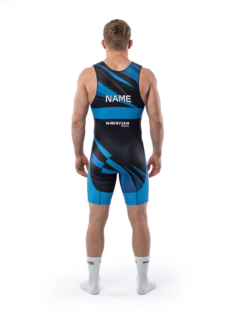 WrestlerStore Velocity Herren Ringertrikot schwarz-blau – Rückansicht mit Namensfeld, personalisierbar, diagonales Speed-Streifen-Design