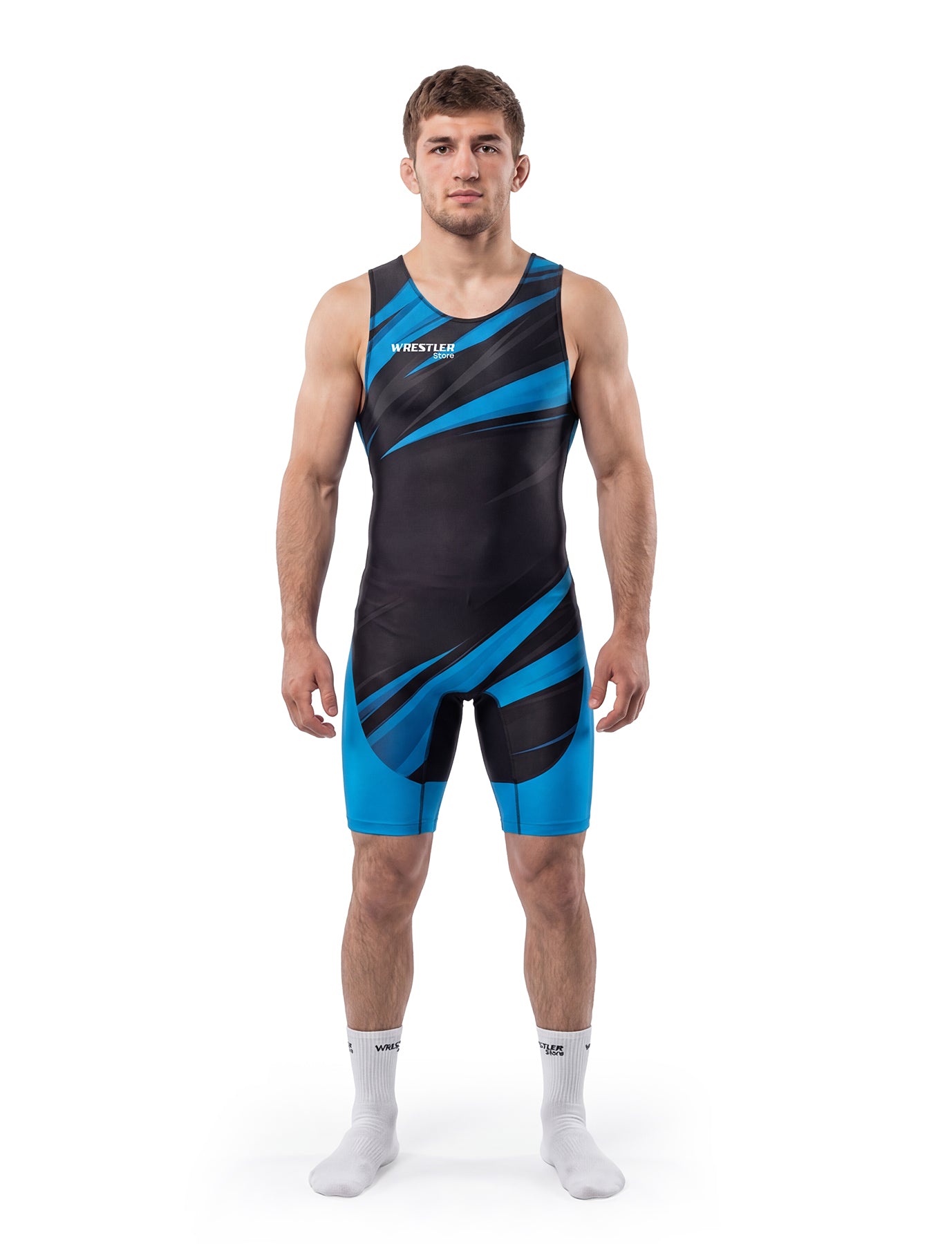 WrestlerStore Velocity Herren Ringertrikot schwarz-blau – Vorderansicht, diagonales Speed-Streifen-Design, Wettkampf-Wrestling-Singlet