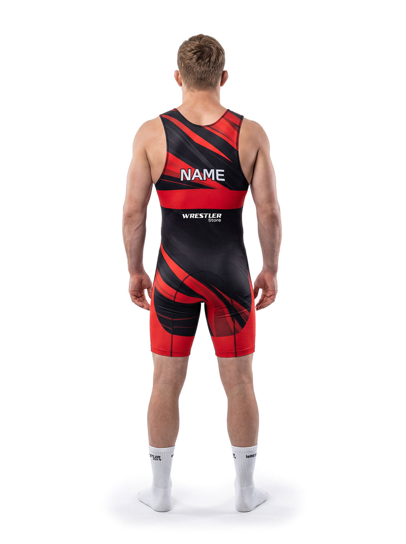 WrestlerStore Velocity Herren Ringertrikot schwarz-rot – Rückansicht mit Namensfeld, personalisierbar, diagonales Speed-Streifen-Design