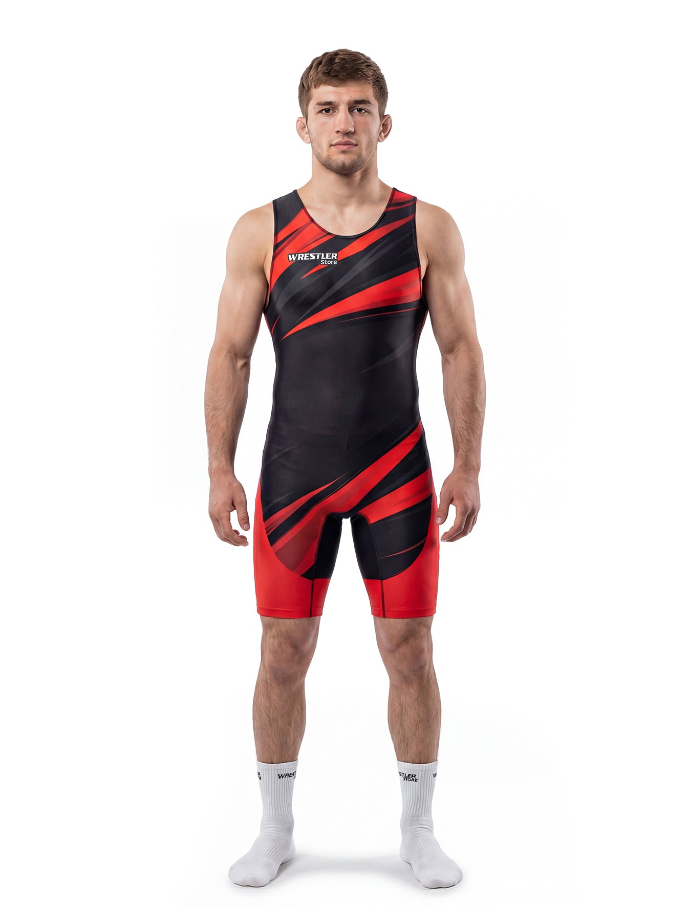 WrestlerStore Velocity Herren Ringertrikot schwarz-rot – Vorderansicht, diagonales Speed-Streifen-Design, Wettkampf-Wrestling-Singlet