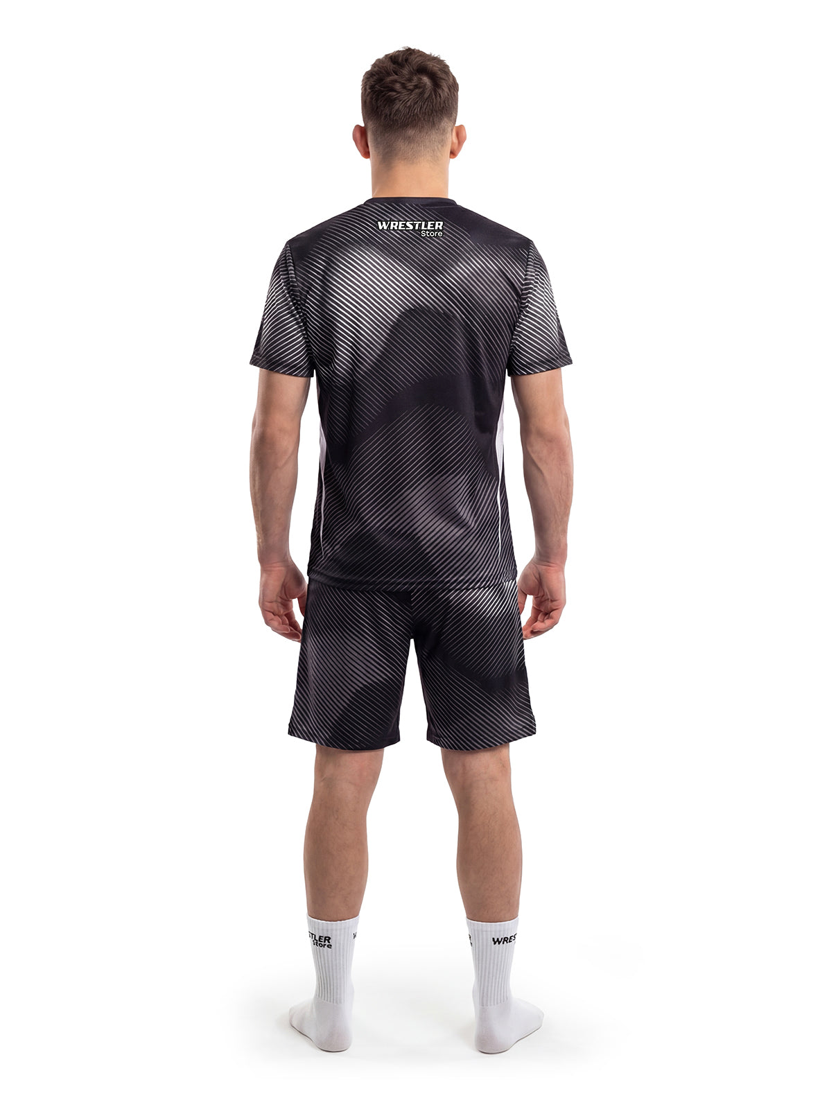 WrestlerStore Shadowline T‑Shirt & Shorts Set schwarz – Rückansicht mit diagonalen Silber-Linien Design, sportliches Wrestling Trainingsset
