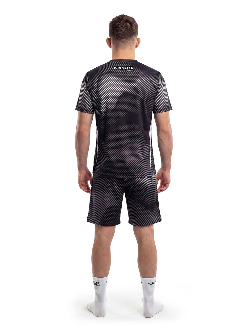 WrestlerStore Shadowline T‑Shirt & Shorts Set schwarz – Rückansicht mit diagonalen Silber-Linien Design, sportliches Wrestling Trainingsset