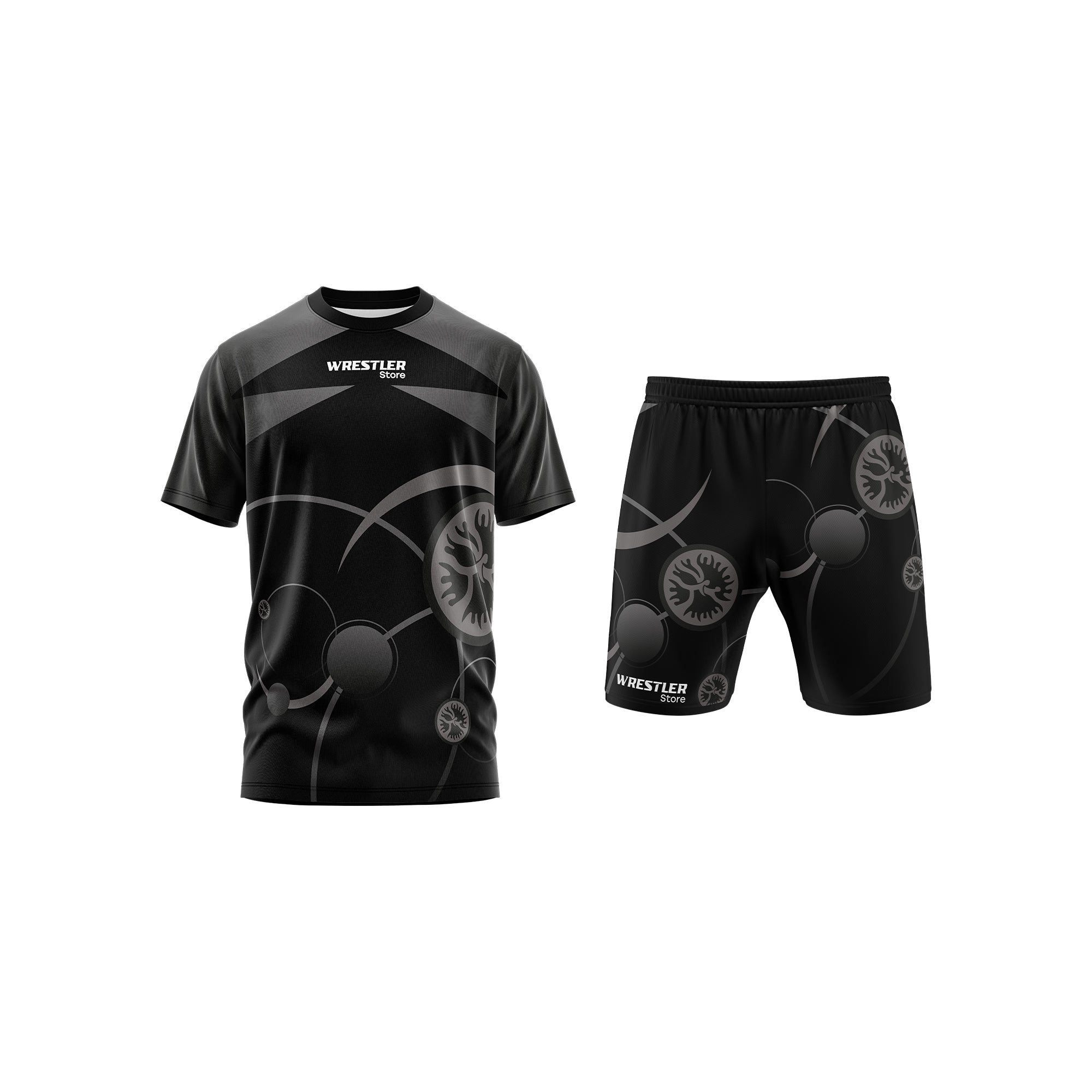 Vorderansicht des WrestlerStore UWW Schwarz T-Shirt und Shorts Sets mit passendem grauem Kreismuster auf beiden Teilen.